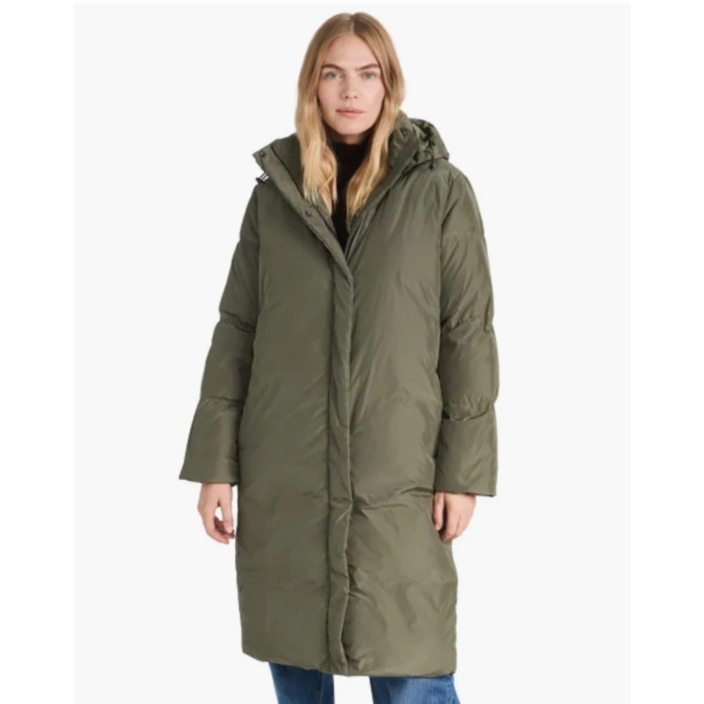 Jenni Kanye Long Puffer Coat Olive Green Hooded Down Parka Size XS